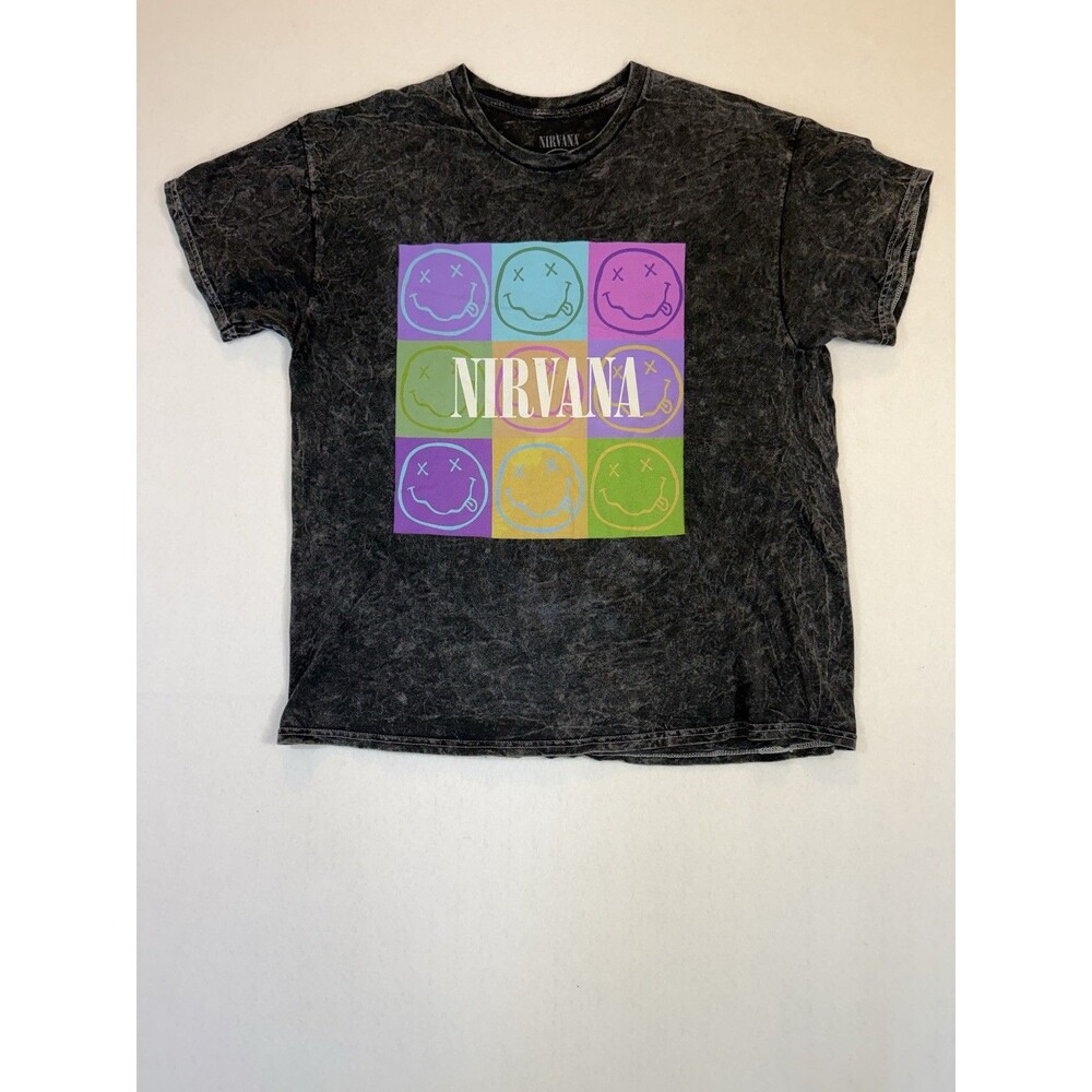 Nirvana Smiley Face Graphic T-Shirt Unisex XL Acid Wash Black Band Tee
